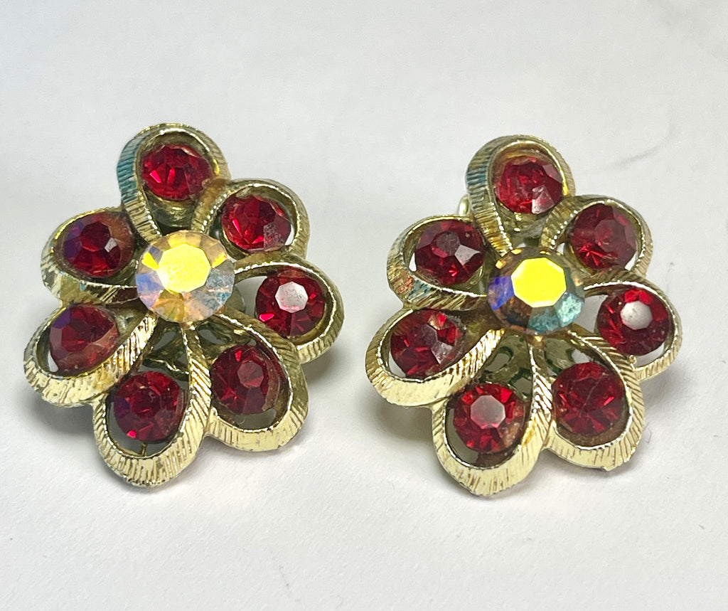 Red Rhinestone Vintage Aurora Borealis 50's Earrings-Vintageonline-Vintage Online