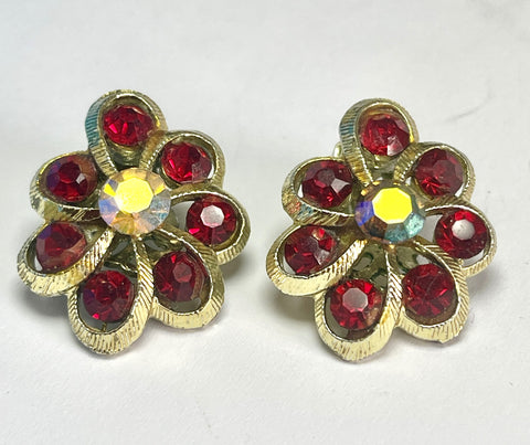 Red Rhinestone Vintage Aurora Borealis 50's Earrings-Vintageonline-Vintage Online