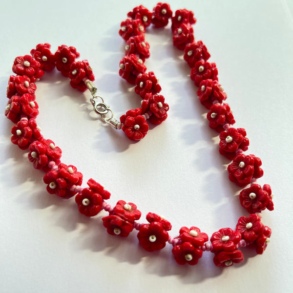 Retro Mid Century Red Bead Necklace-Vintageonline-Vintage Online