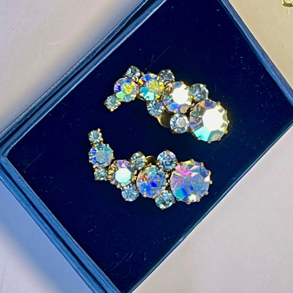 Rhinestone Aurora Borealis 60's Earrings Made in Austria-Vintageonline-Vintage Online