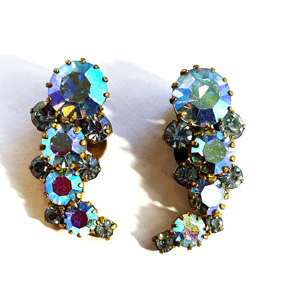 Rhinestone Aurora Borealis 60's Earrings Made in Austria-Vintageonline-Vintage Online