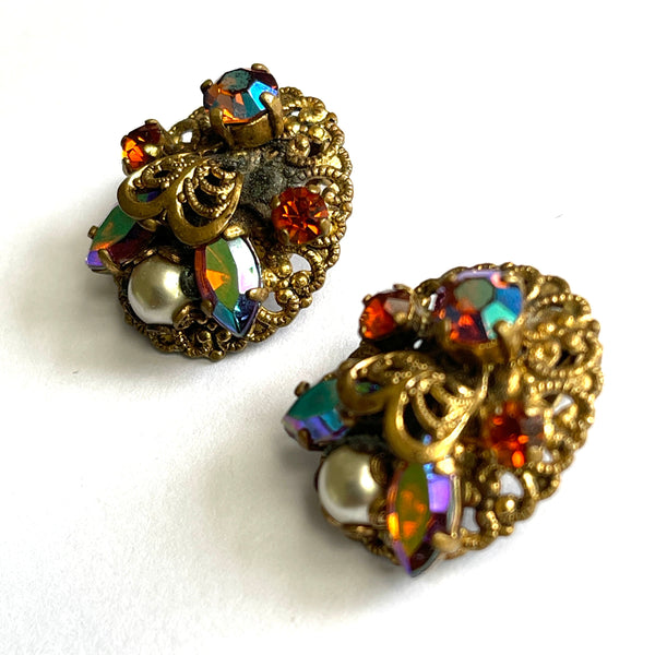 Rhinestone Aurora Borealis and Filigree 60's Earrings-Vintageonline-Vintage Online