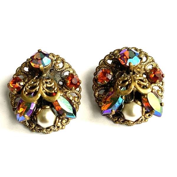 Rhinestone Aurora Borealis and Filigree 60's Earrings-Vintageonline-Vintage Online