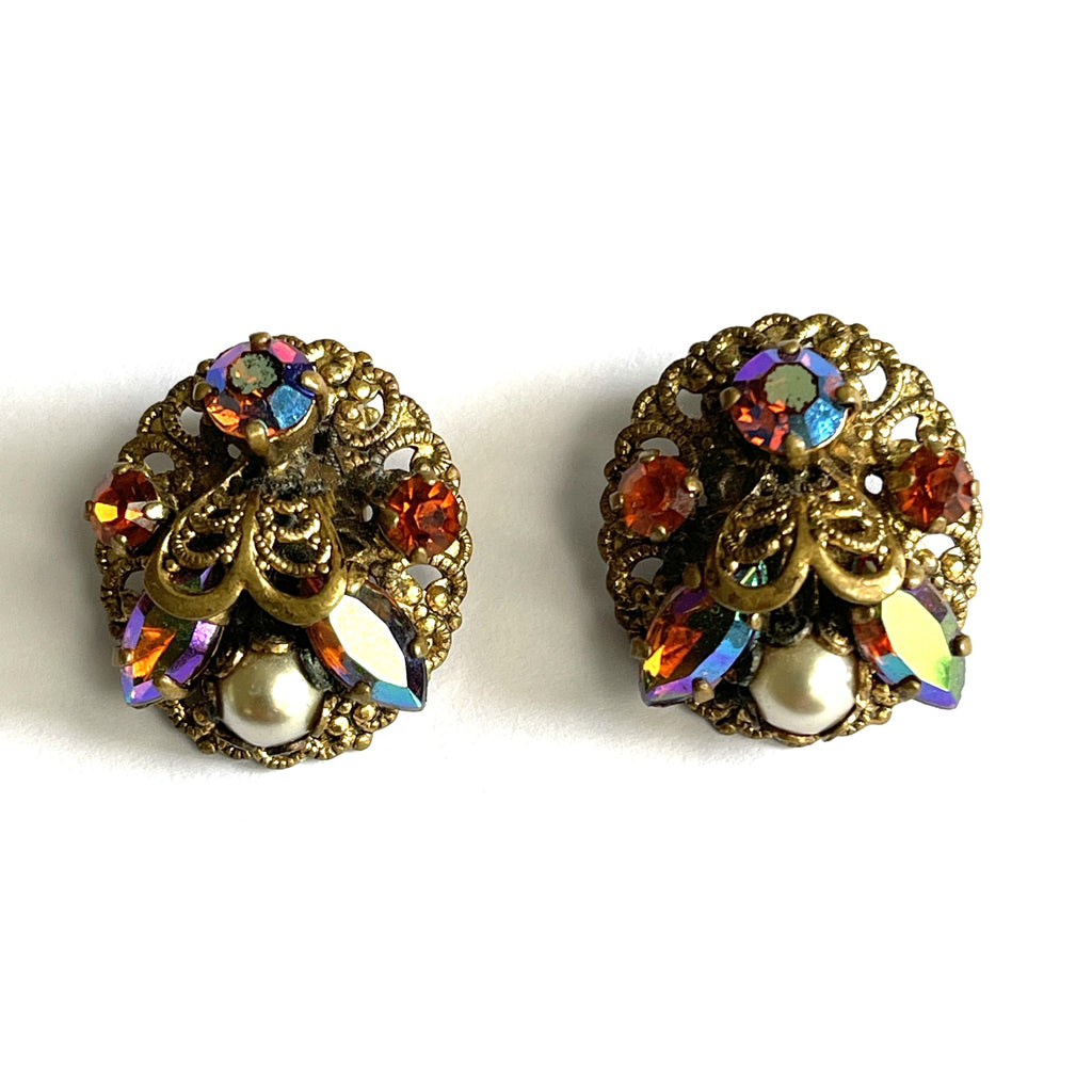 Rhinestone Aurora Borealis and Filigree 60's Earrings-Vintageonline-Vintage Online