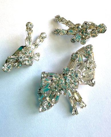 Rhinestone Bow Brooch & Matching Earrings-Vintageonline-Vintage Online