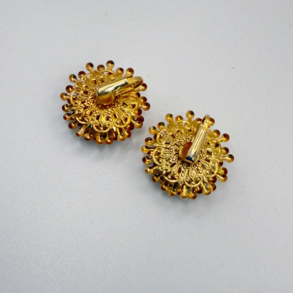 Rhinestone Centred Gold tone Clip On Earrings-Vintage Online-Vintage Online