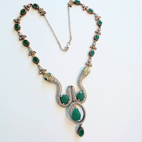 Rhinestone & Emerald Green Gemstone Snake Vintage Necklace-Vintageonline-Vintage Online