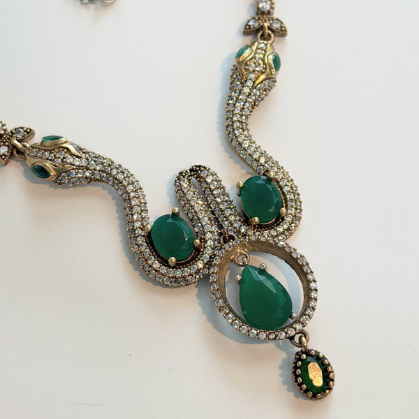 Rhinestone & Emerald Green Gemstone Snake Vintage Necklace-Vintageonline-Vintage Online