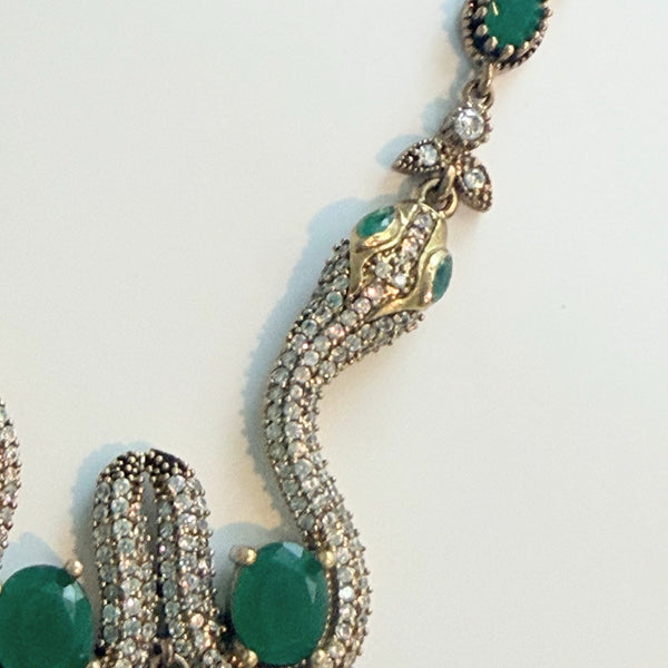 Rhinestone & Emerald Green Gemstone Snake Vintage Necklace-Vintageonline-Vintage Online