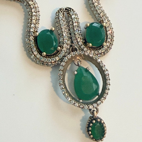 Rhinestone & Emerald Green Gemstone Snake Vintage Necklace-Vintageonline-Vintage Online