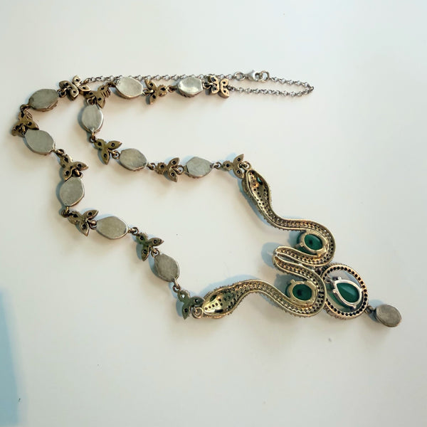 Rhinestone & Emerald Green Gemstone Snake Vintage Necklace-Vintageonline-Vintage Online