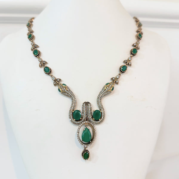 Rhinestone & Emerald Green Gemstone Snake Vintage Necklace-Vintageonline-Vintage Online