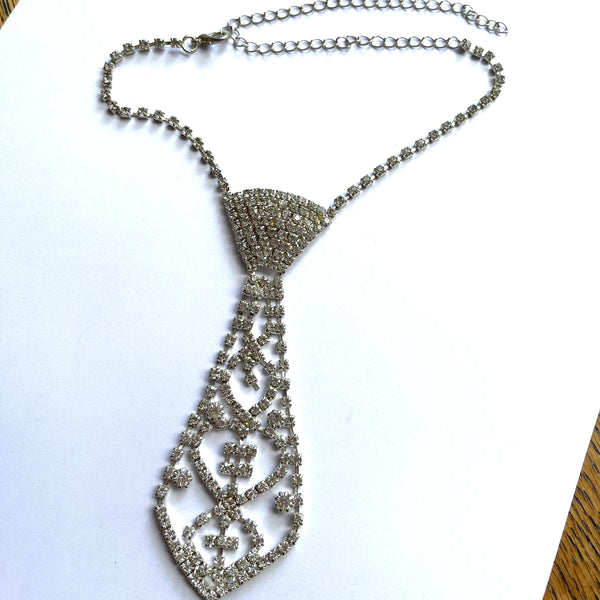 Rhinestone Tie Shaped Choker Chain Necklace-Vintageonline-Vintage Online