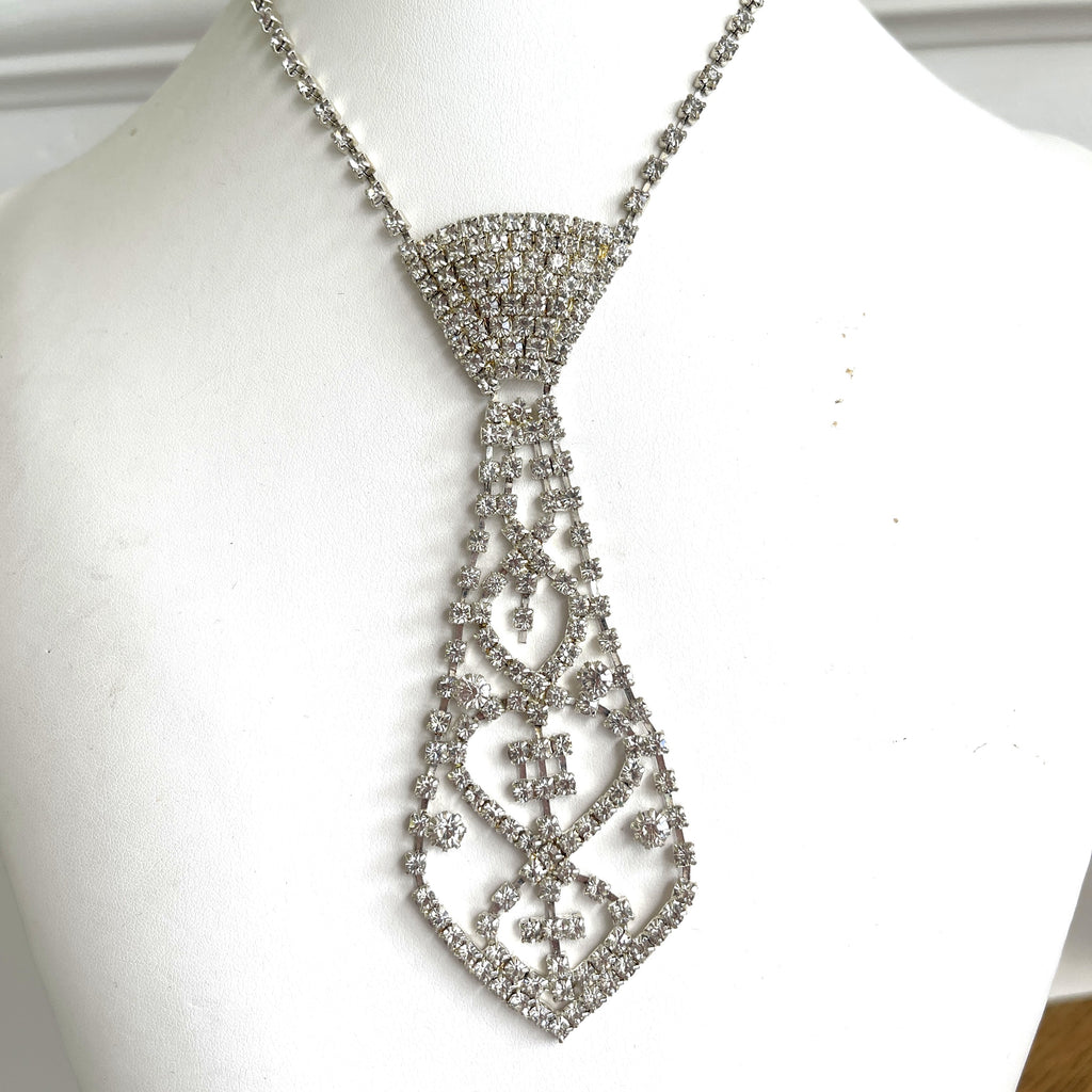 Rhinestone Tie Shaped Choker Chain Necklace-Vintageonline-Vintage Online
