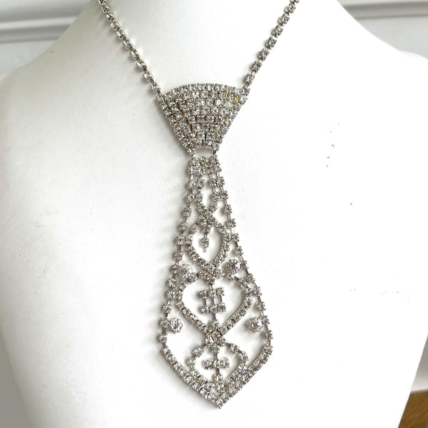 Rhinestone Tie Shaped Choker Chain Necklace-Vintageonline-Vintage Online