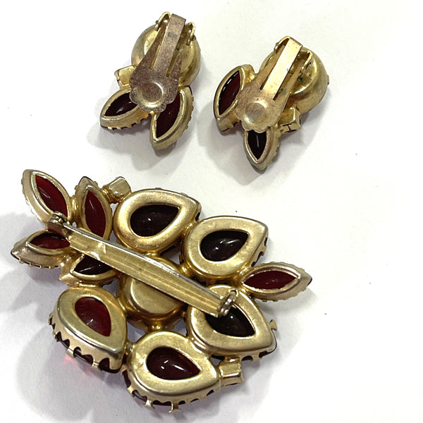 Ruby Red Glass Vintage 60's Brooch and Earrings-Vintageonline-Vintage Online