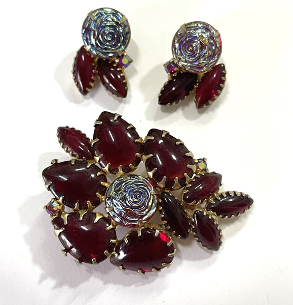 Ruby Red Glass Vintage 60's Brooch and Earrings-Vintageonline-Vintage Online