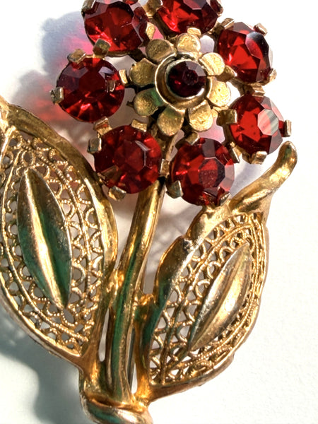 Ruby Red Glass Vintage Flower Brooch-Vintageonline-Vintage Online