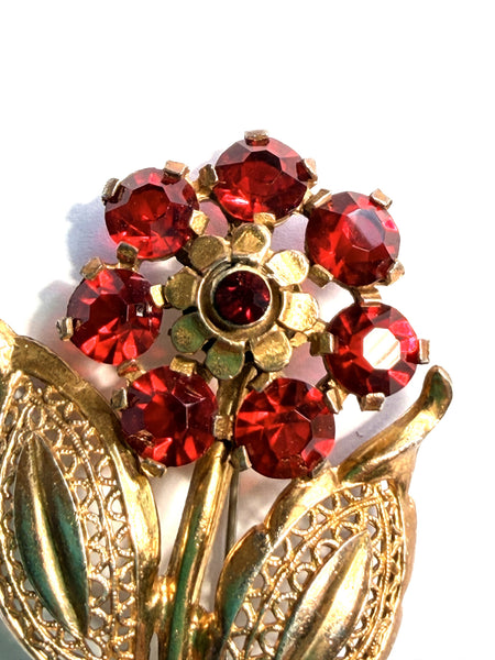 Ruby Red Glass Vintage Flower Brooch-Vintageonline-Vintage Online