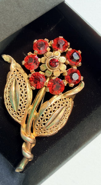 Ruby Red Glass Vintage Flower Brooch-Vintageonline-Vintage Online