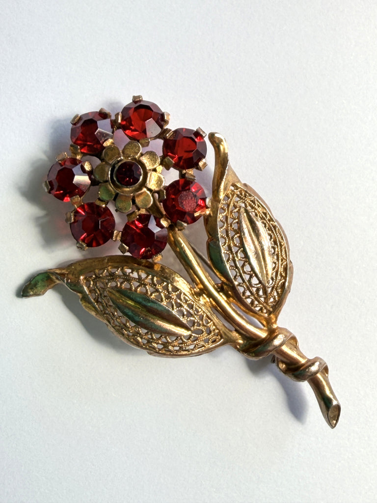 Ruby Red Glass Vintage Flower Brooch-Vintageonline-Vintage Online