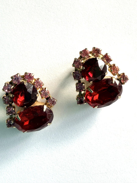 Ruby Red & Pink Rhinestone Vintage Earrings-Vintageonline-Vintage Online