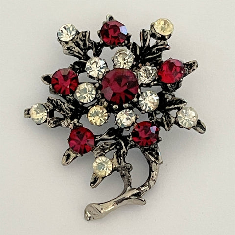 Ruby Red Rhinestone Flower Head Vintage Brooch-Vintageonline-Vintage Online