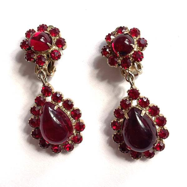 Ruby Red Rhinestone Vintage Drop Earrings-Schreiner ?-Vintageonline-Vintage Online