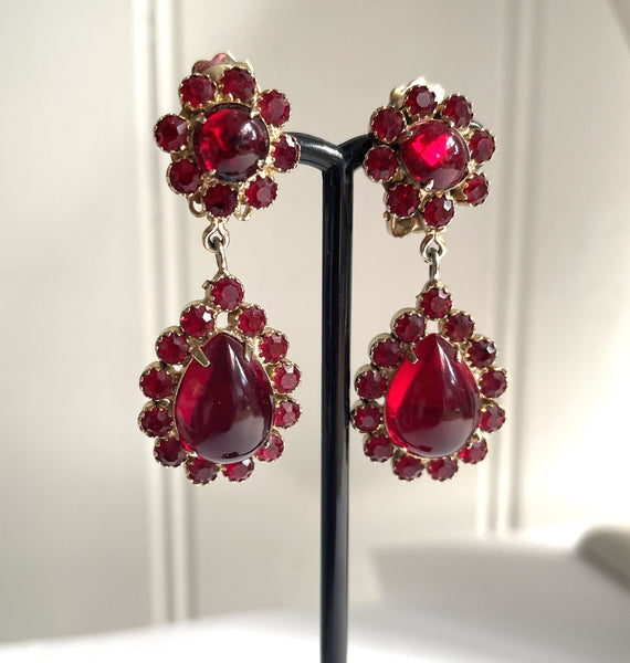 Ruby Red Rhinestone Vintage Drop Earrings-Schreiner ?-Vintageonline-Vintage Online