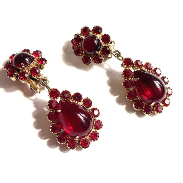 Ruby Red Rhinestone Vintage Drop Earrings-Schreiner ?-Vintageonline-Vintage Online
