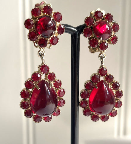 Ruby Red Rhinestone Vintage Drop Earrings-Schreiner ?-Vintageonline-Vintage Online