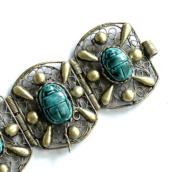 Scarab Egyptian Revival 60's Filigree Bracelet-Vintageonline.-Vintage Online