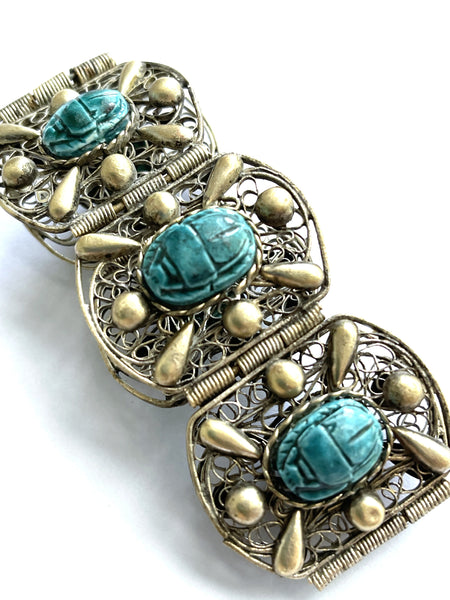 Scarab Egyptian Revival 60's Filigree Bracelet-Vintageonline.-Vintage Online