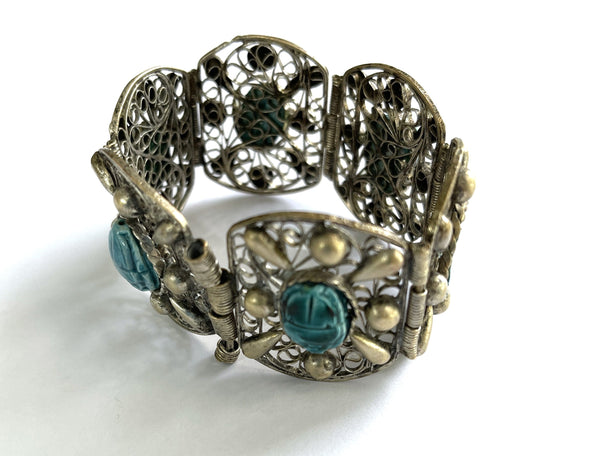 Scarab Egyptian Revival 60's Filigree Bracelet-Vintageonline.-Vintage Online