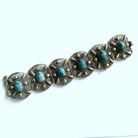Scarab Egyptian Revival 60's Filigree Bracelet-Vintageonline.-Vintage Online