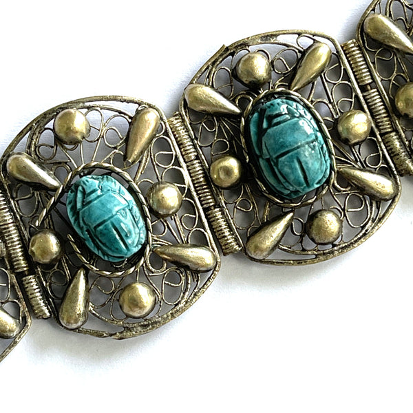 Scarab Egyptian Revival 60's Filigree Bracelet-Vintageonline.-Vintage Online