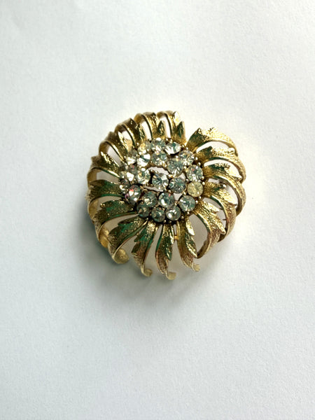 Signed Coro Gold Tone Large Sunflower Clear Rhinestone Brooch-CORO-Vintage Online