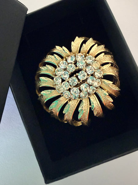 Signed Coro Gold Tone Large Sunflower Clear Rhinestone Brooch-CORO-Vintage Online