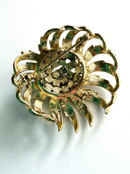 Signed Coro Gold Tone Large Sunflower Clear Rhinestone Brooch-CORO-Vintage Online
