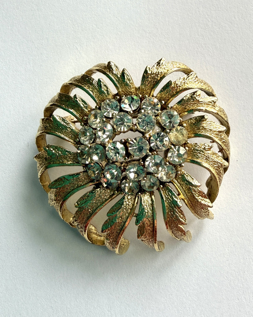 Signed Coro Gold Tone Large Sunflower Clear Rhinestone Brooch-CORO-Vintage Online