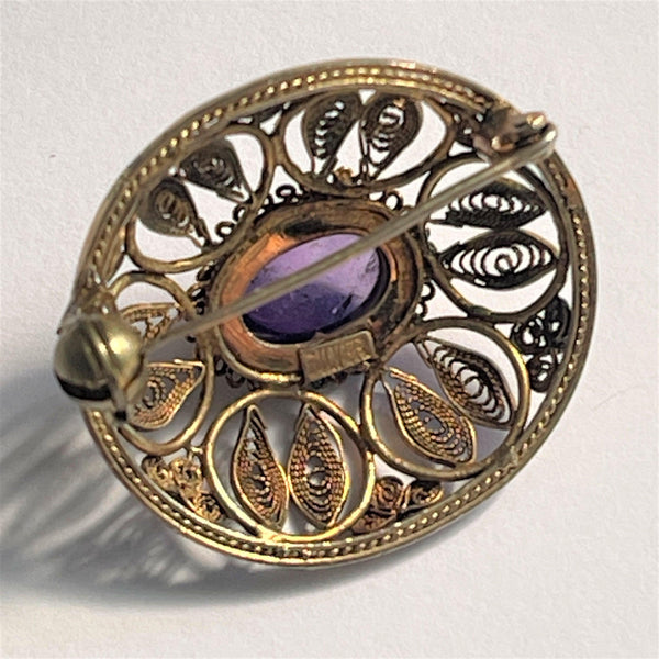 Silver With Gold Wash Filigree Brooch-Vintageonline-Vintage Online