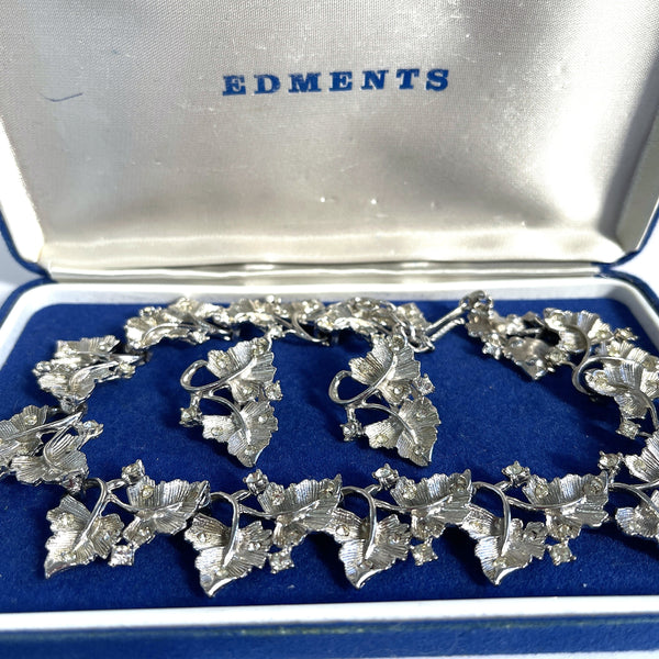 Silver tone & Rhinestone Vintage Leaf Necklace and Matching Earrings-West Germany-Vintageonline-Vintage Online