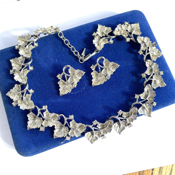 Silver tone & Rhinestone Vintage Leaf Necklace and Matching Earrings-West Germany-Vintageonline-Vintage Online