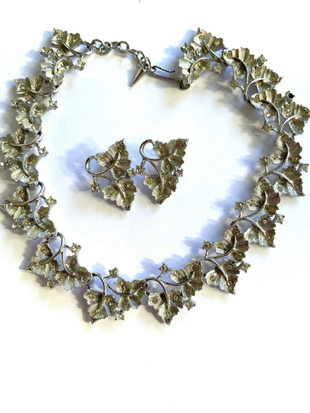 Silver tone & Rhinestone Vintage Leaf Necklace and Matching Earrings-West Germany-Vintageonline-Vintage Online