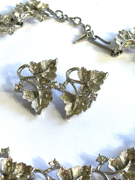 Silver tone & Rhinestone Vintage Leaf Necklace and Matching Earrings-West Germany-Vintageonline-Vintage Online