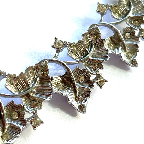 Silver tone & Rhinestone Vintage Leaf Necklace and Matching Earrings-West Germany-Vintageonline-Vintage Online