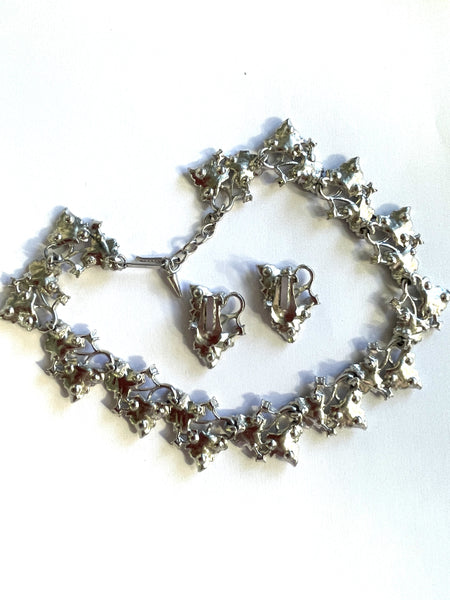 Silver tone & Rhinestone Vintage Leaf Necklace and Matching Earrings-West Germany-Vintageonline-Vintage Online