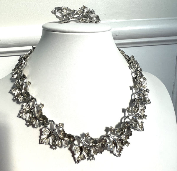 Silver tone & Rhinestone Vintage Leaf Necklace and Matching Earrings-West Germany-Vintageonline-Vintage Online