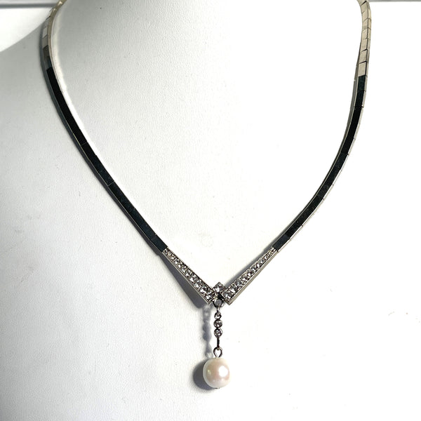 Silver tone solid chain with Rhinestones and Drop Pearl-Vintageonline-Vintage Online