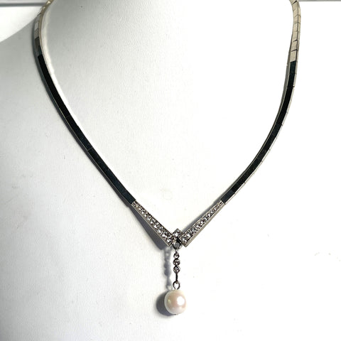 Silver tone solid chain with Rhinestones and Drop Pearl-Vintageonline-Vintage Online